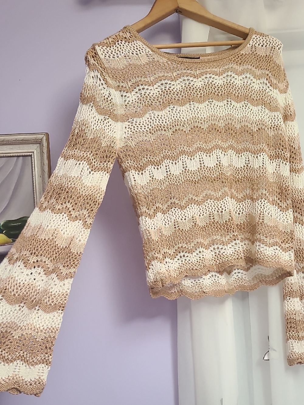 Eclipse Knit Long Sleeve In Cream/Tan With Bell Sleeve
